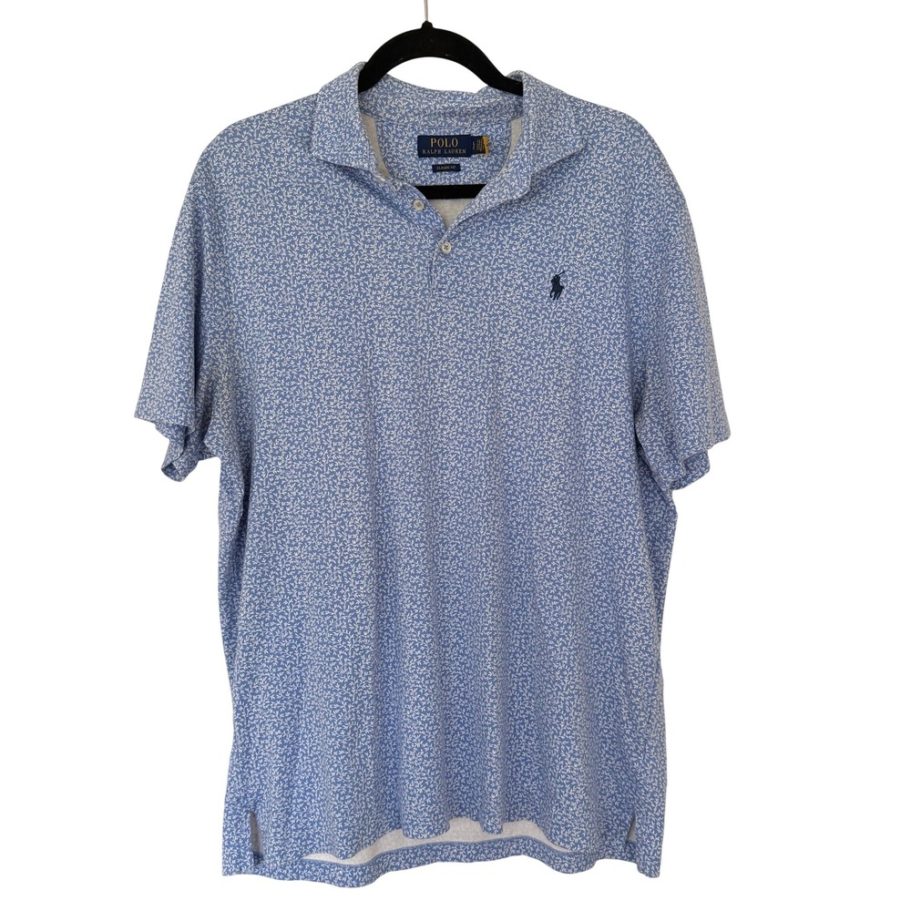 Polo Ralph Lauren Mens Large Blue White Leaf Print Classic Fit Golf Polo Shirt